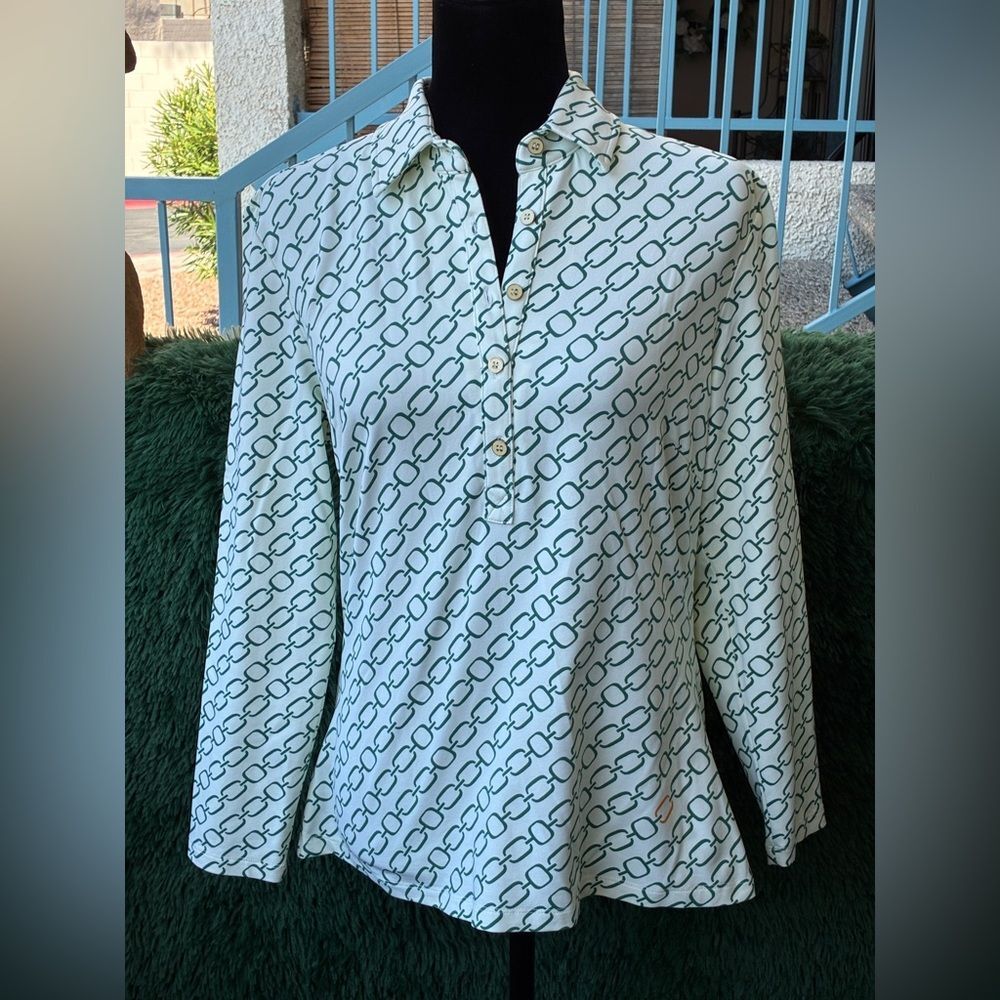 J. McLaughlin Cream & GreenChain Print Button Catalina Cloth Top Womens M
